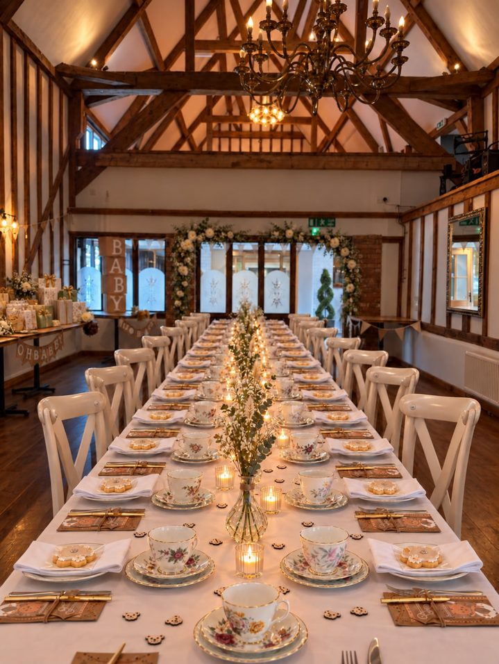The Little Barn dressed for a baby shower with a long afternoon tea table