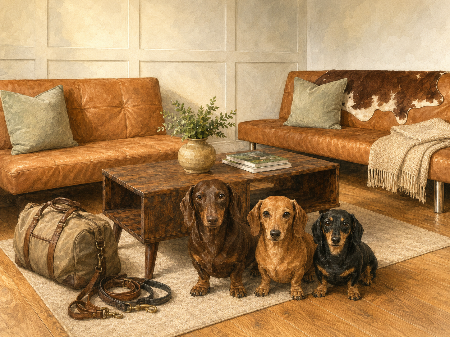 The three Farmhouse dachshunds together in the Damson Barn lounge