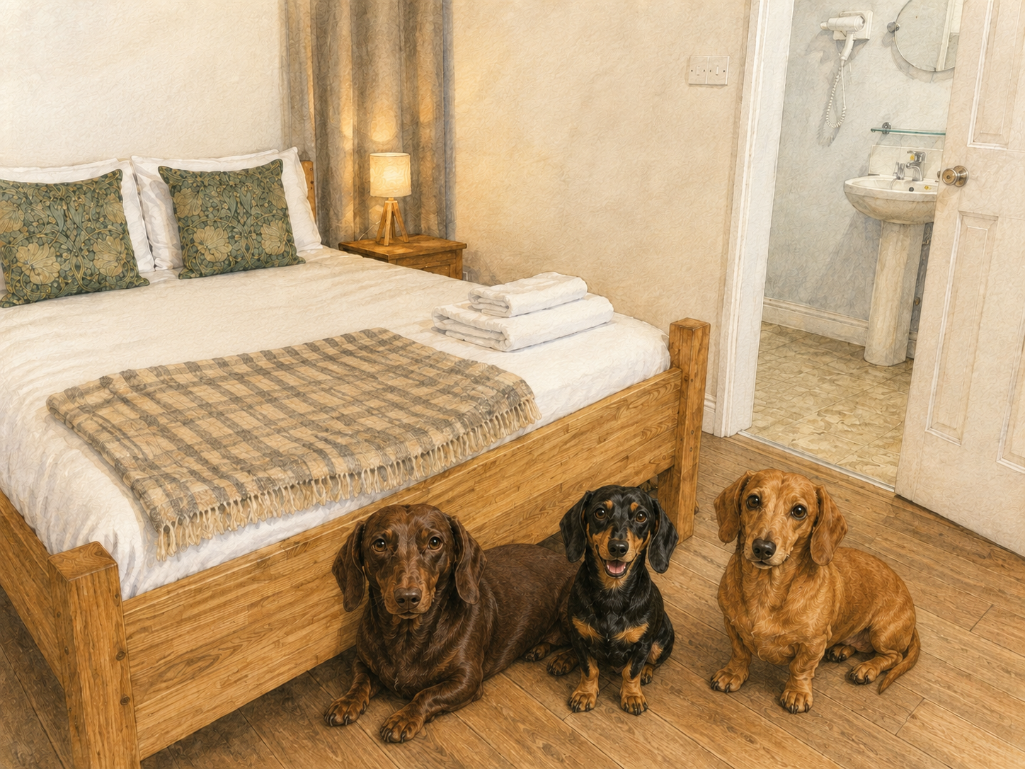 The three Farmhouse dachshunds relaxing in a dog-friendly Damson Barn bedroom