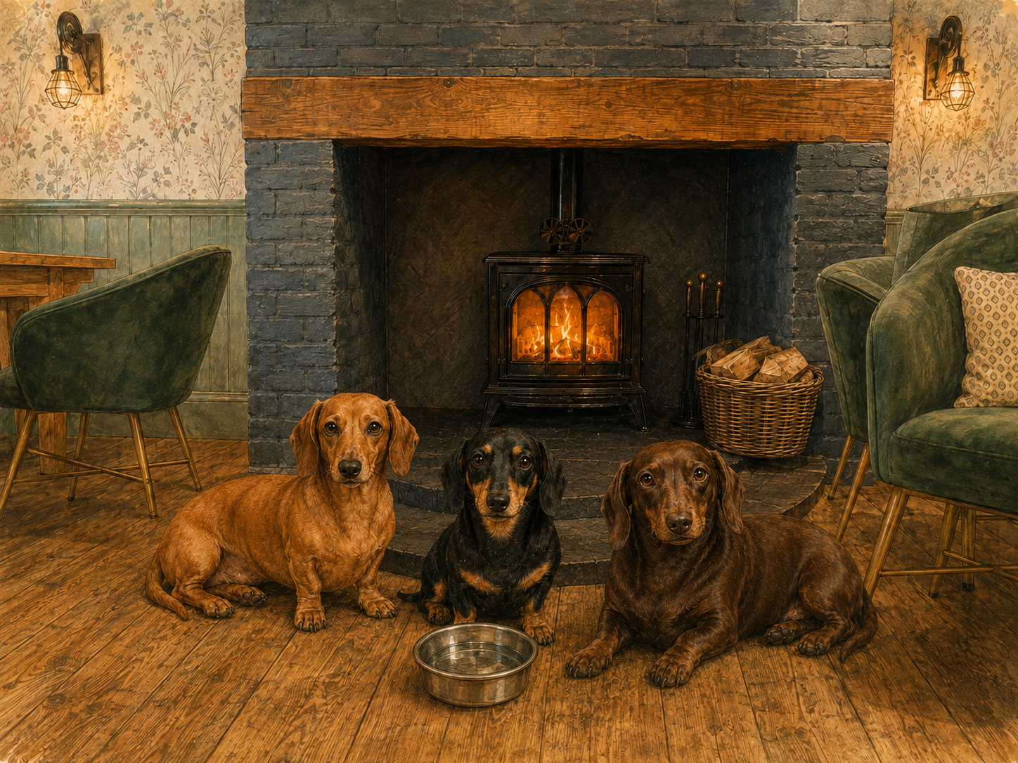 Three dogs relaxing beside the fire in The Pig and Peacock
