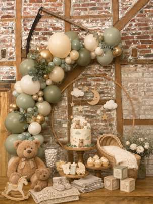 A softly decorated baby shower setting