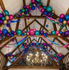 Birthday balloons decorating the Hayloft eaves
