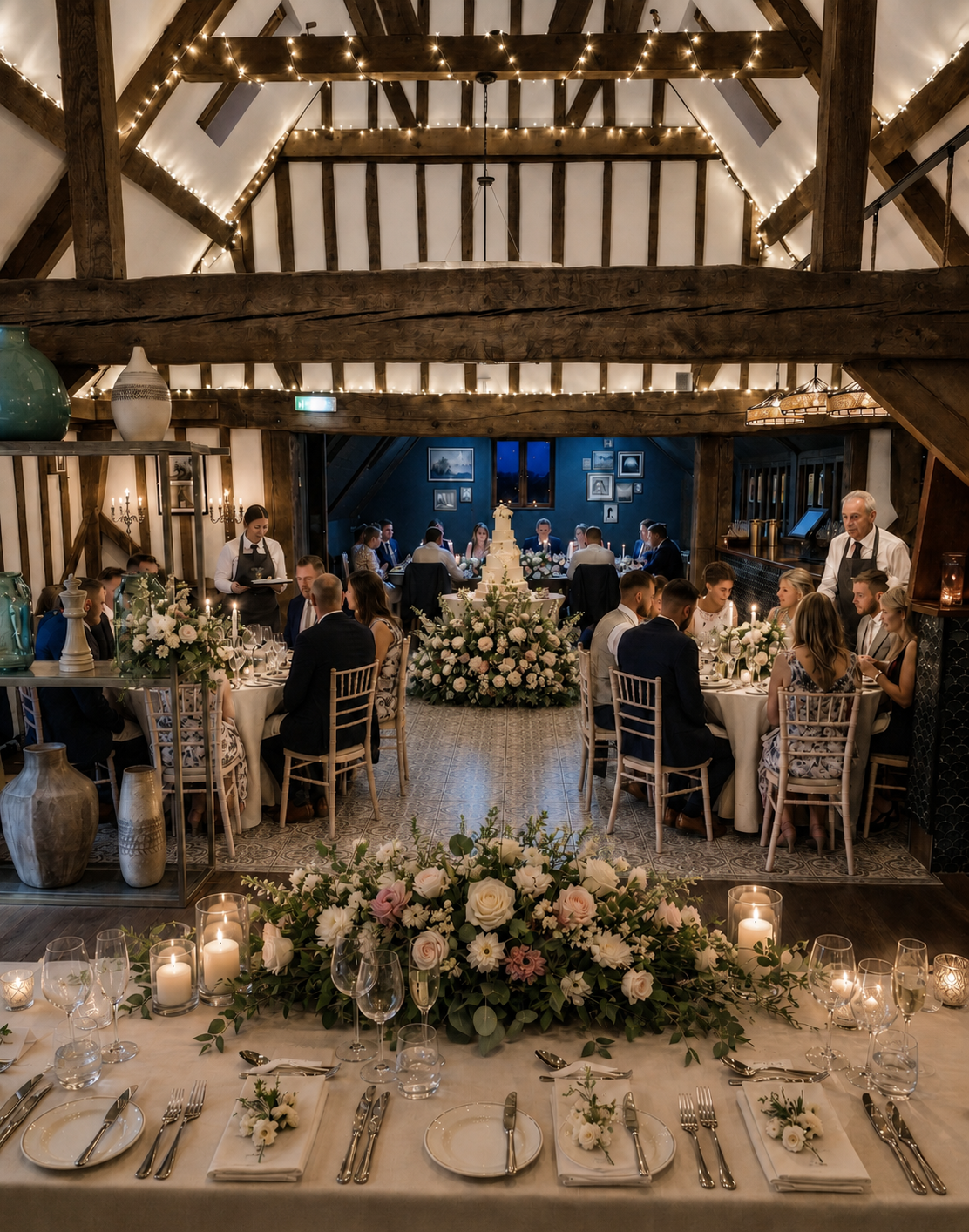 The Hayloft softly dressed for an intimate wedding breakfast at The Farmhouse at Fincham