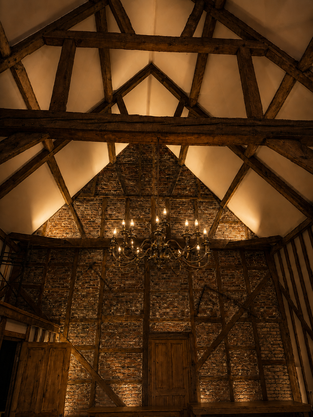 The uplighted brick gable and historic timber frame in the Little Barn