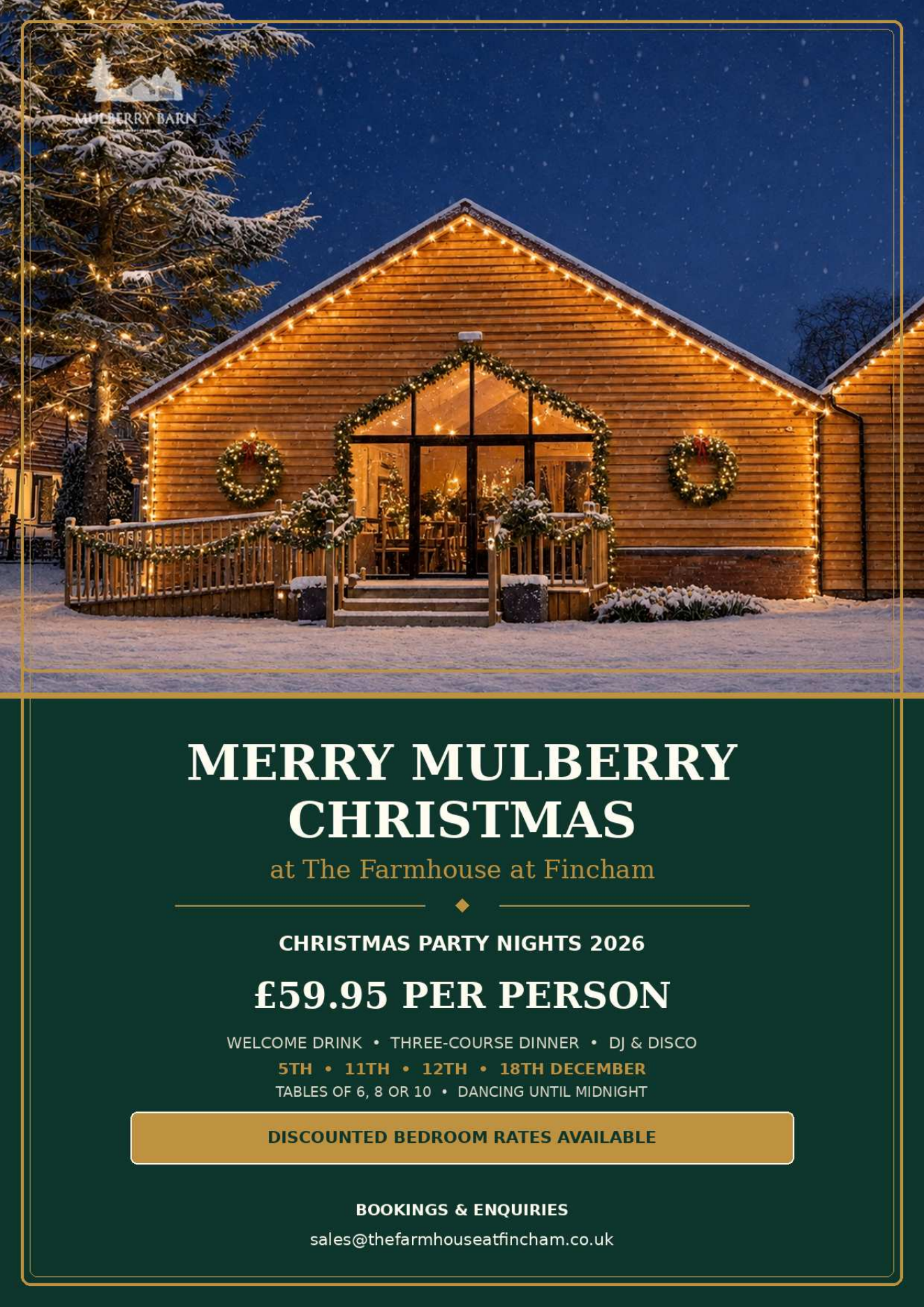 Front cover of the Merry Mulberry Christmas Party Nights 2026 brochure