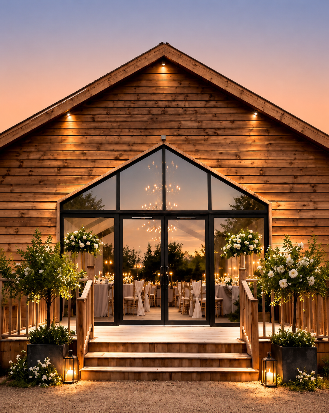 The levelled Mulberry Barn entrance dressed for a wedding celebration beneath a clear sunset sky