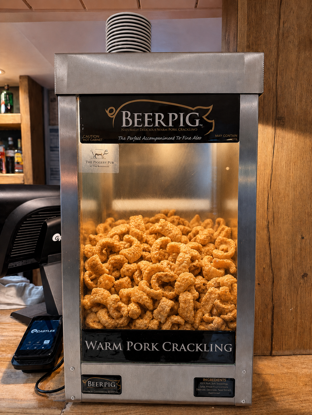 Pork crackling ready to enjoy at the bar