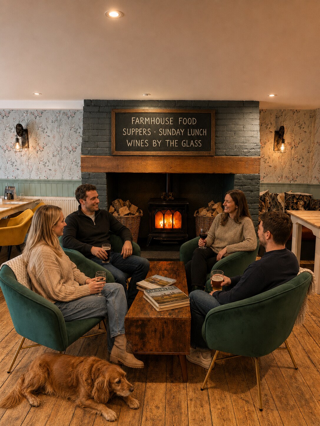Four guests relaxing with a dog beside the fire at The Pig and Peacock