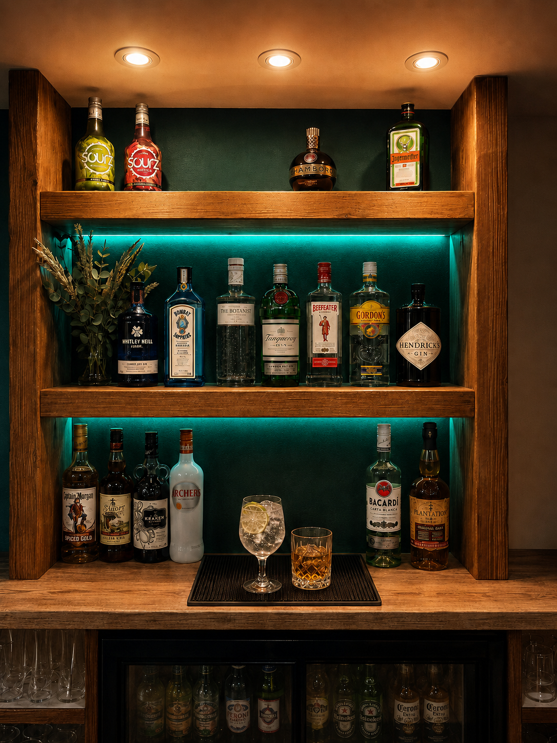The green illuminated spirits display at the Pig and Peacock bar