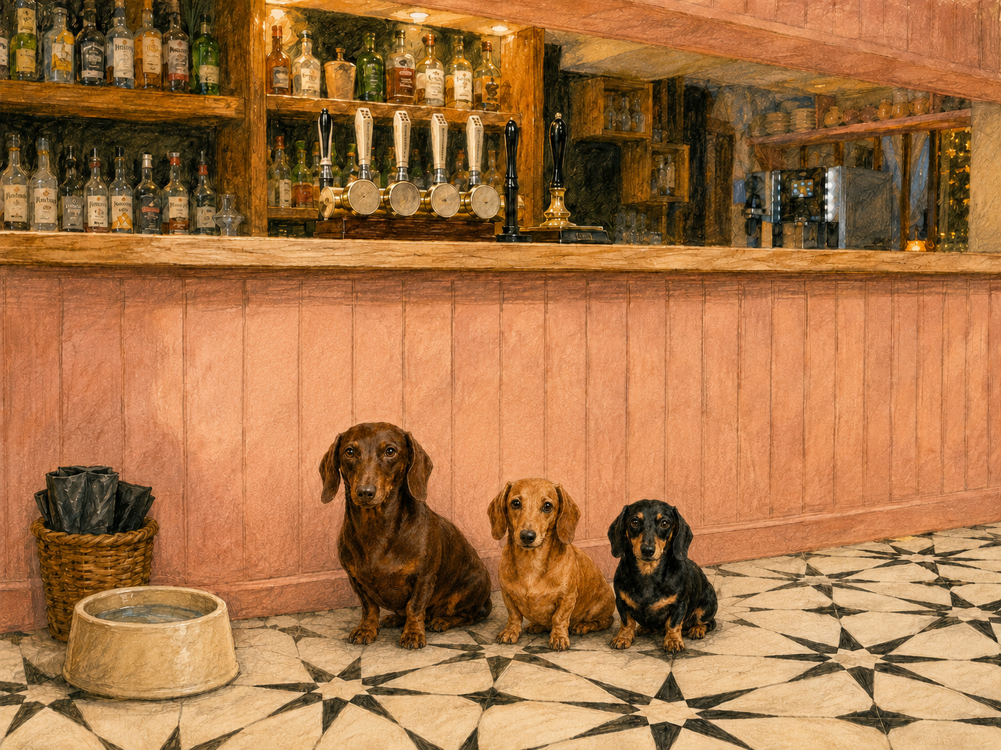 Three dachshunds sitting beside a water bowl at the Pig and Peacock bar