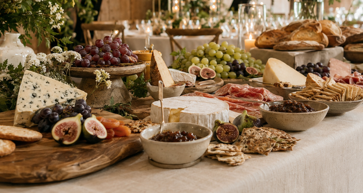 A generous grazing table prepared for a wedding