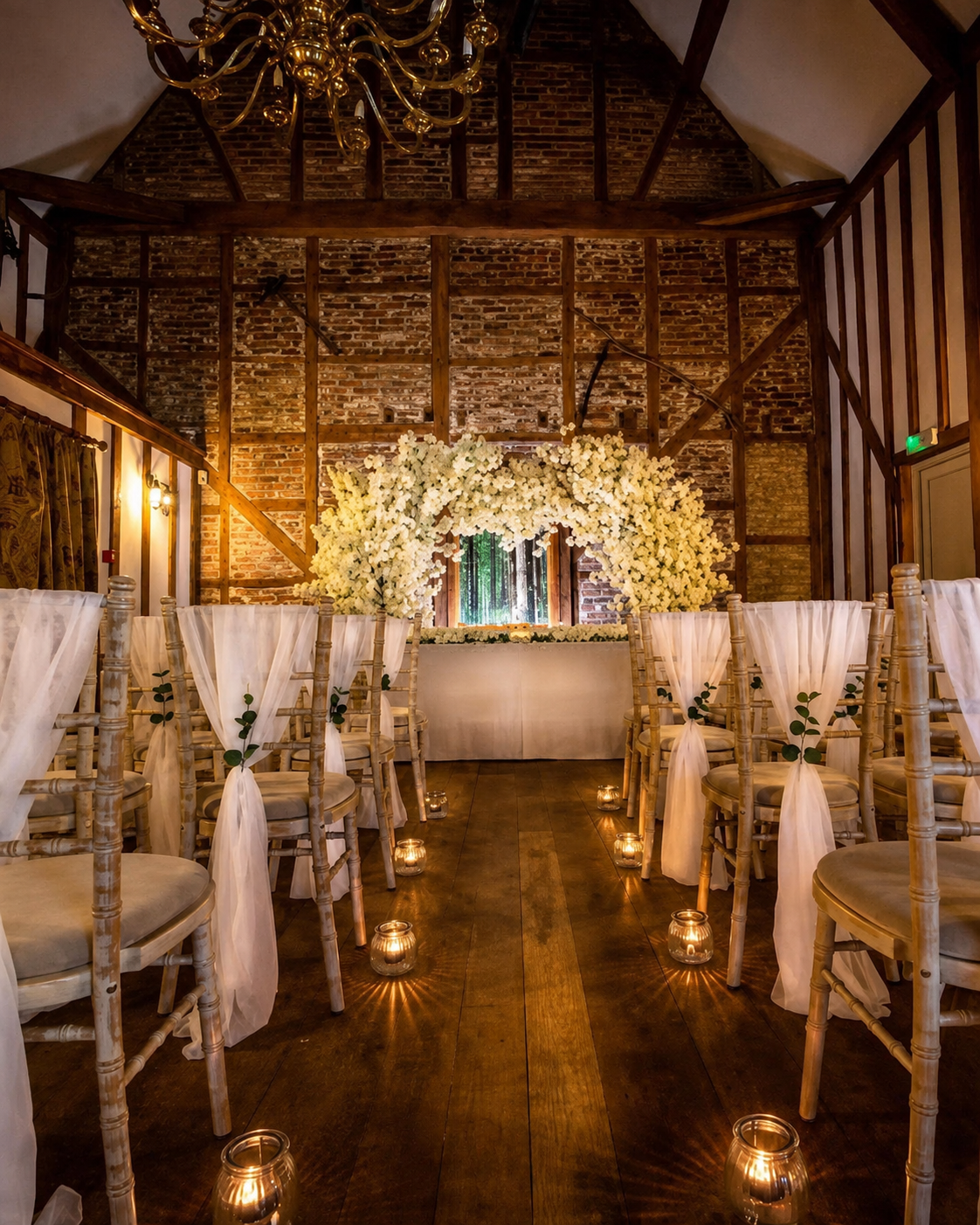 The Little Barn ceremony aisle with dressed seating and a flower arch